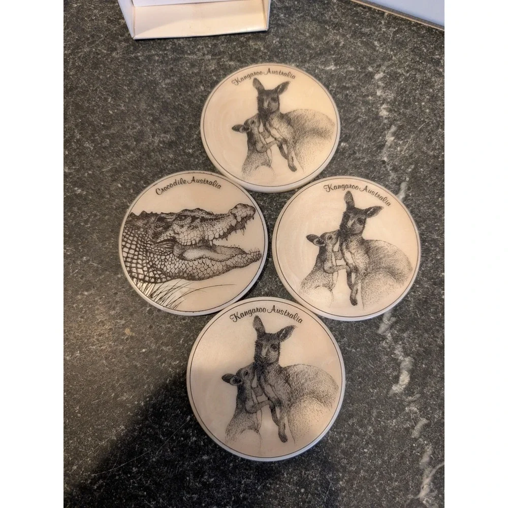 Vintage‎ Australian Wildlife Coasters Set of 4 Kangaroo Crocodile Cork Back 4